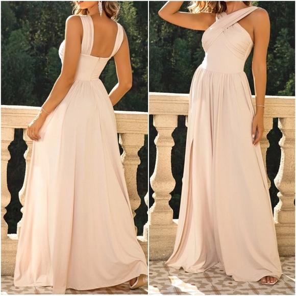 Luxe Criss Cross Neck Evening Formal Prom Wedding Dress - Picture 3 of 8